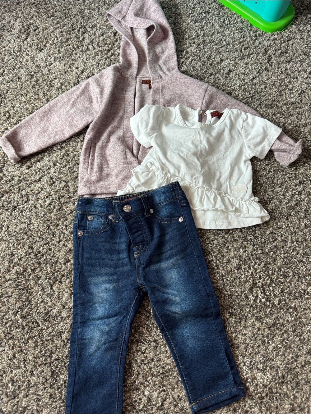 7 For All Mankind Kids Pink Hoodie, White Top & Dark Blue Jeans Matching Set
